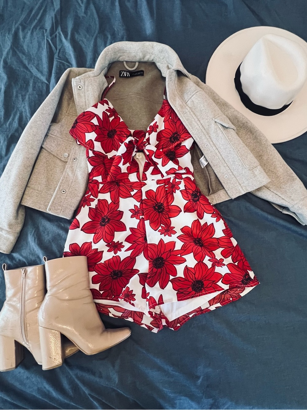 Francesca’s Collections Red Floral Tie-Front Romper
